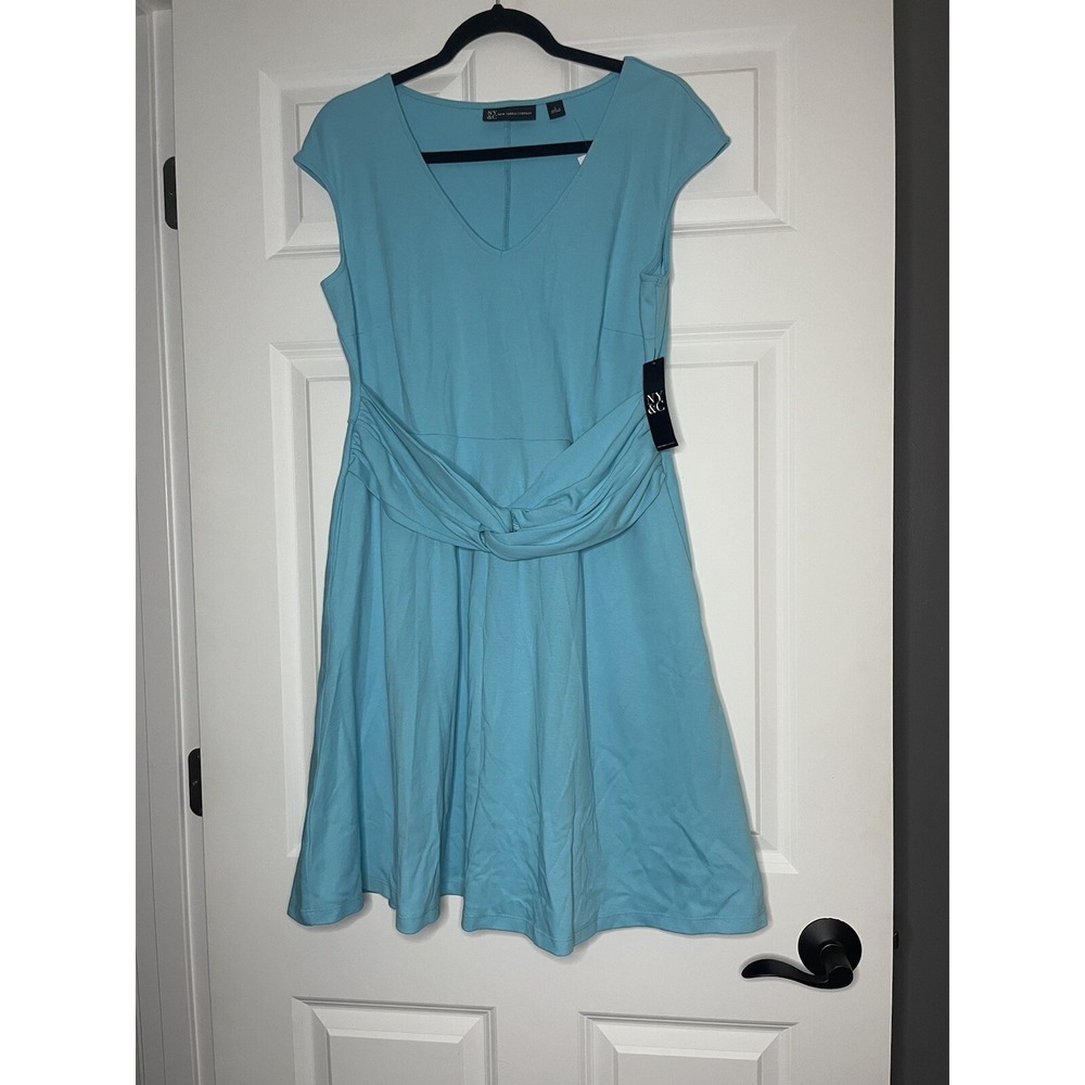 New York And Co Cap Sleeve Twist Front Fit And Flare Dress  Blue  Large Nwt